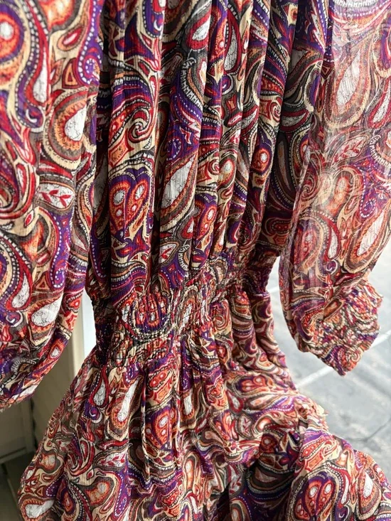 🆕 Gilner Farrar Paisley Maxi Dress Boho Long Sleeve Smocked Waist Flowy Size S - Picture 8 of 13